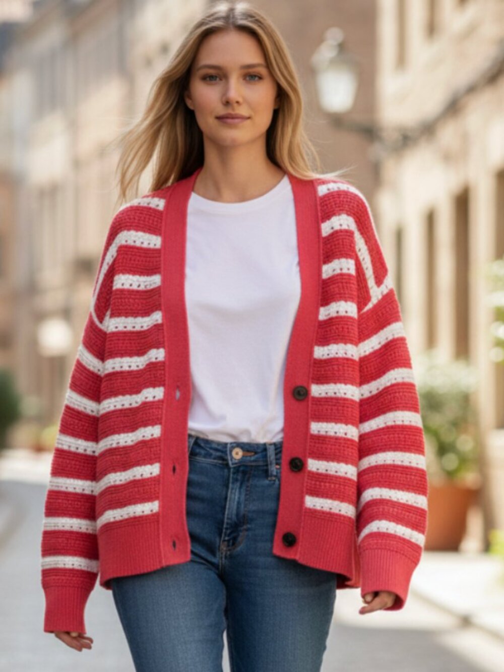 NWT $248 Rails Geneva Stripe Cotton Cardigan Large, PINK STRIPE